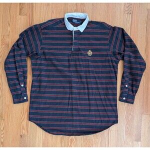 Vintage Polo Ralph Lauren Rugby Long-Sleeve Shirt Navy Mens L Round Hem Crest
